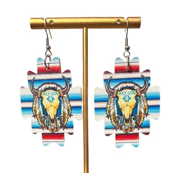 🤯5/$20🤯 Southwest Style Buffalo Vegan Leather Dangle Earrings - Picture 1 of 2